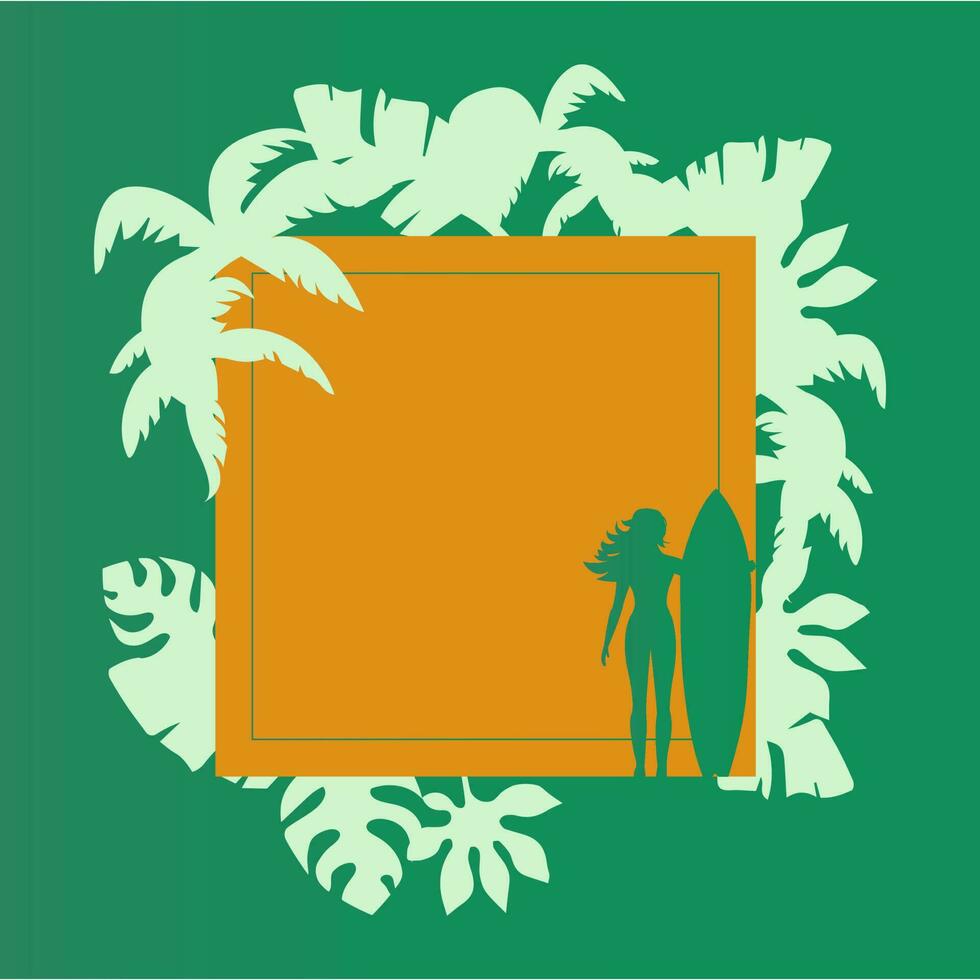 Summer background with tropical palm trees and girl with surfboard. Template with space for text for beach party invitaion, club flyer, menu cover, card. Vector illustration.