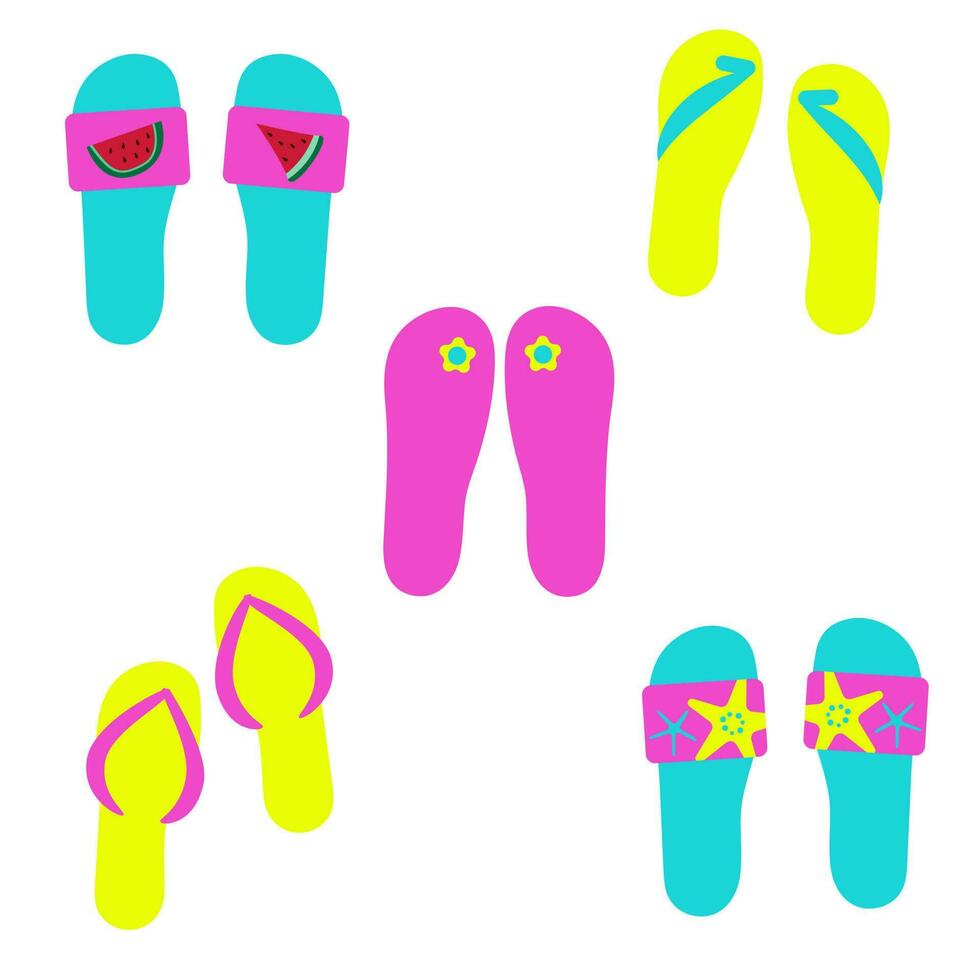 Flip flops colorful set. Vector illustration of  summer slipper. Cute shoes collection