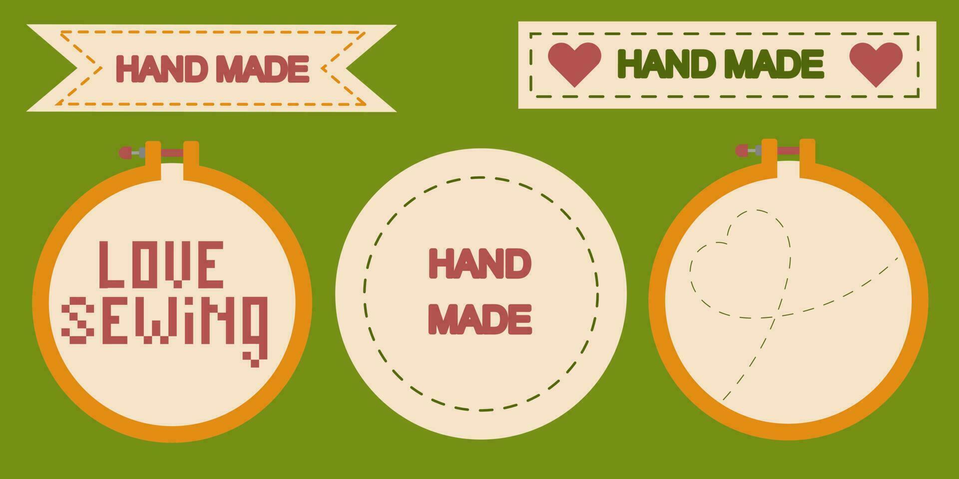 Set of sewing and needlecraft elements. Hand drawn vector illustrations of embroidery frames that say love sewing and hand made.