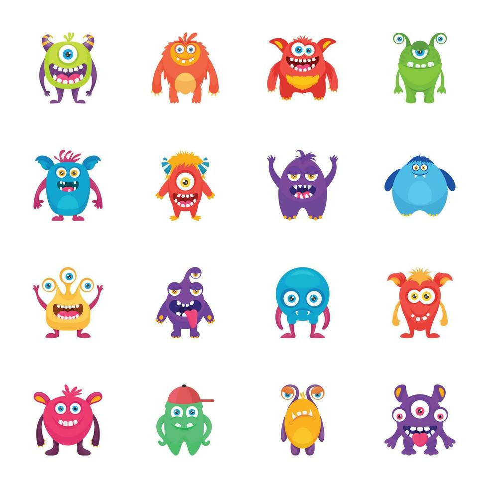 Funny Monsters Flat Vector Icons Set