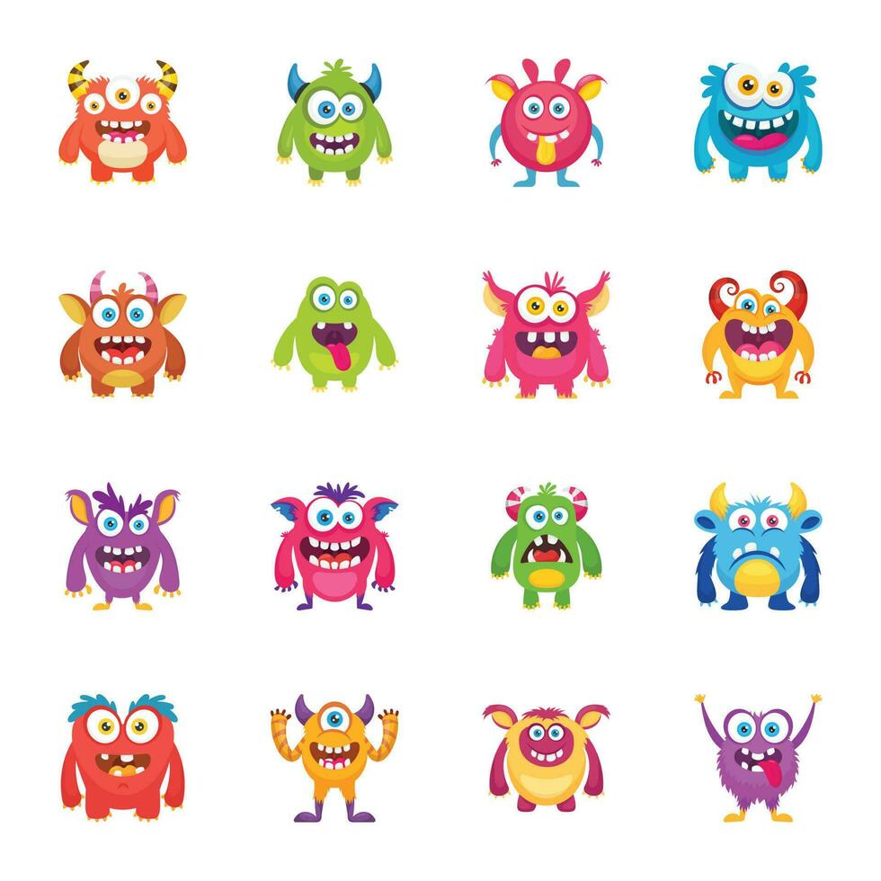 Funny Monsters Flat Vector Icons Set