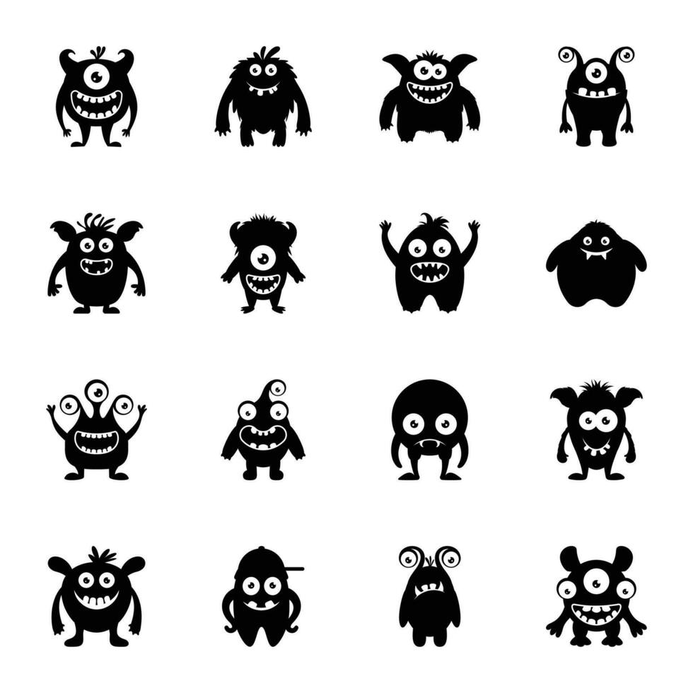 Funny Monsters Flat Vector Icons Set