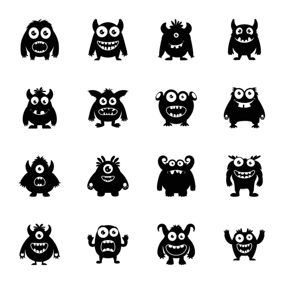 Funny Monsters Flat Vector Icons Set