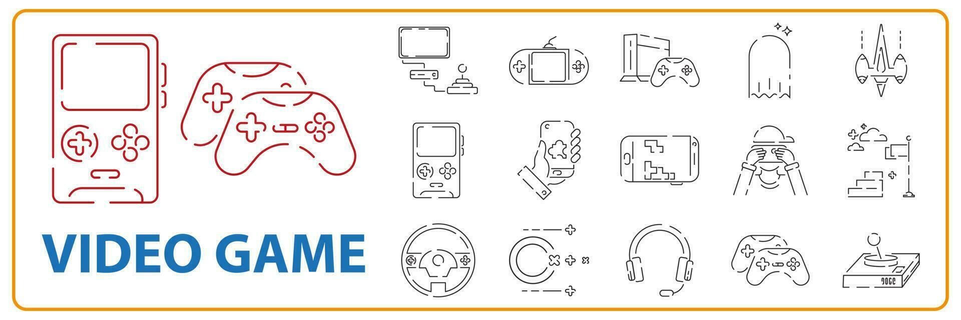 Video games line icon set. Game genres and attributes. Computer and controller or console. Portable game device mobile. vector