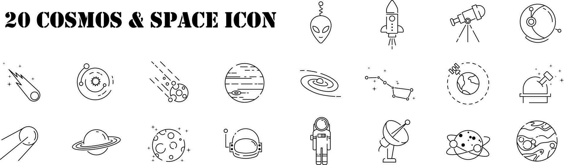Set of space or cosmos icon vector illustration in outline style for for web,landing page, stickers, and background.
