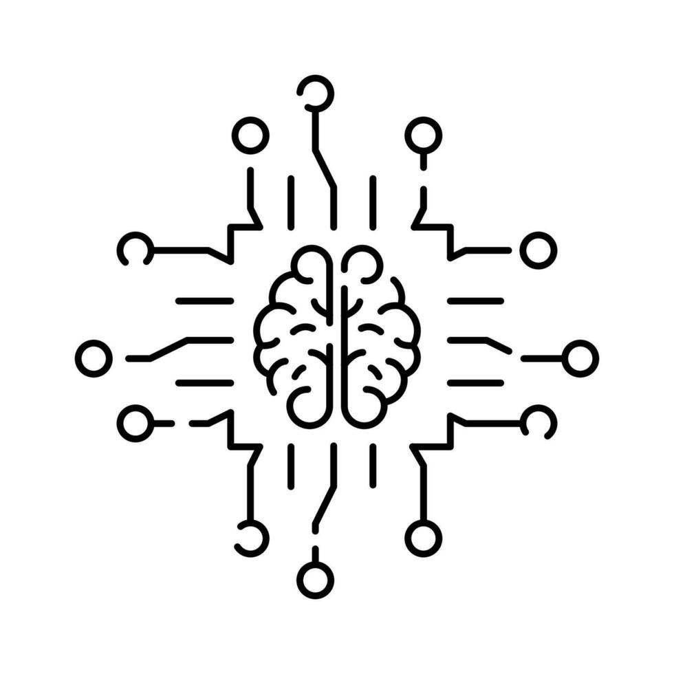 Deep learning AI linear icon. Neural network with cogwheels. Thin line illustration. Digital brain. Artificial intelligence symbol. Vector isolated. Cyber, humanoid and chat.