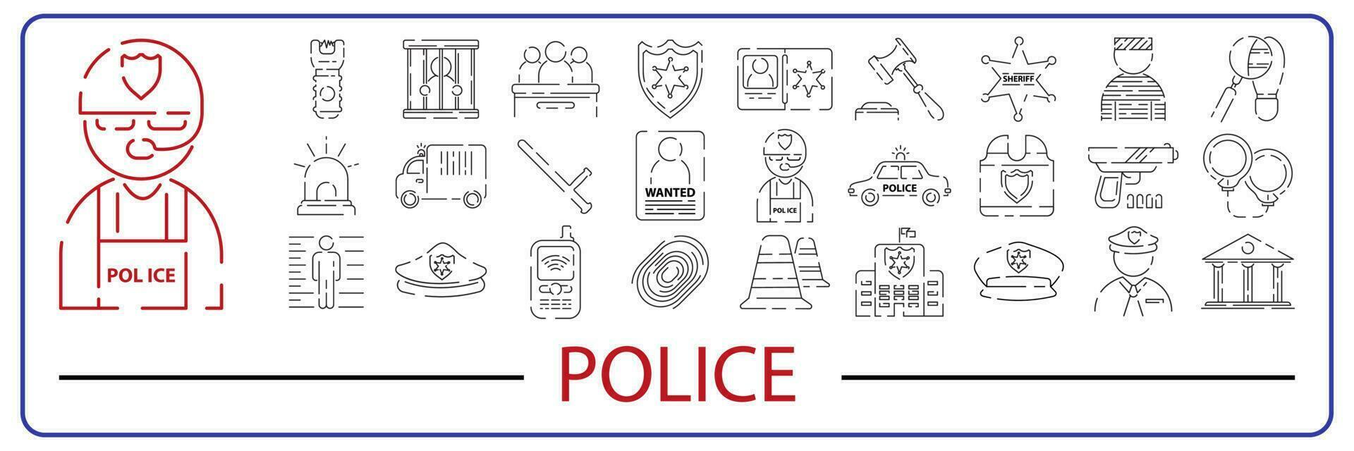 Police building, car, court and law enforcement thin line art icons set. Modern black symbols isolated on white for infographics or web use. vector