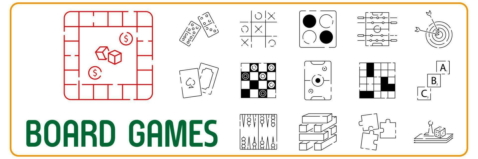 Board and table game linear icons set. Vector fun symbols. Activity.