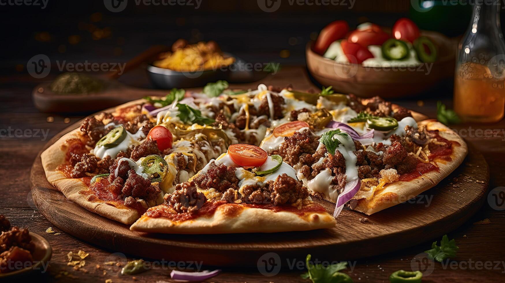 Photography of Delicious Roasted Chicken Pizza on Wooden Cutting Board for Fast Food Ready To Eat Concept. Template or Banner for Restaurant. . photo