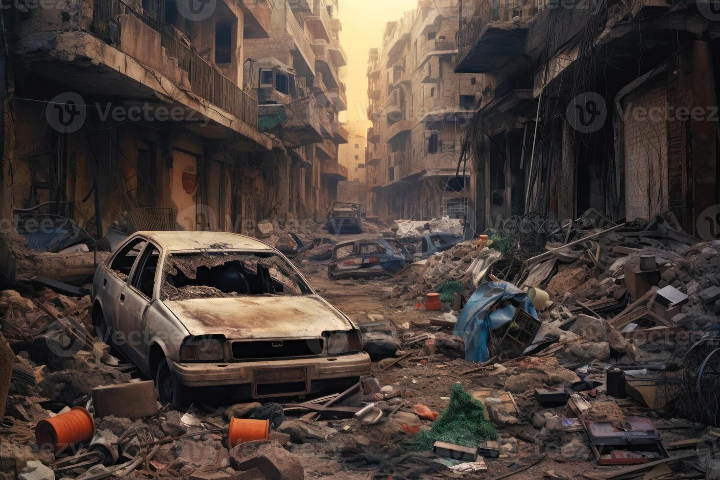 Hyperrealism dark abandoned city dirt trash everywhere background photo