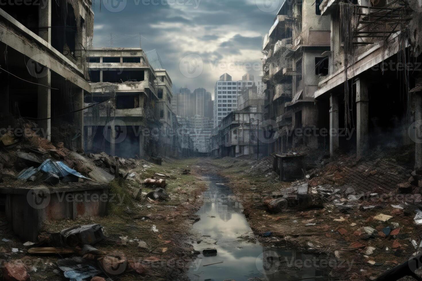 Hyperrealism dark abandoned city dirt trash everywhere background photo