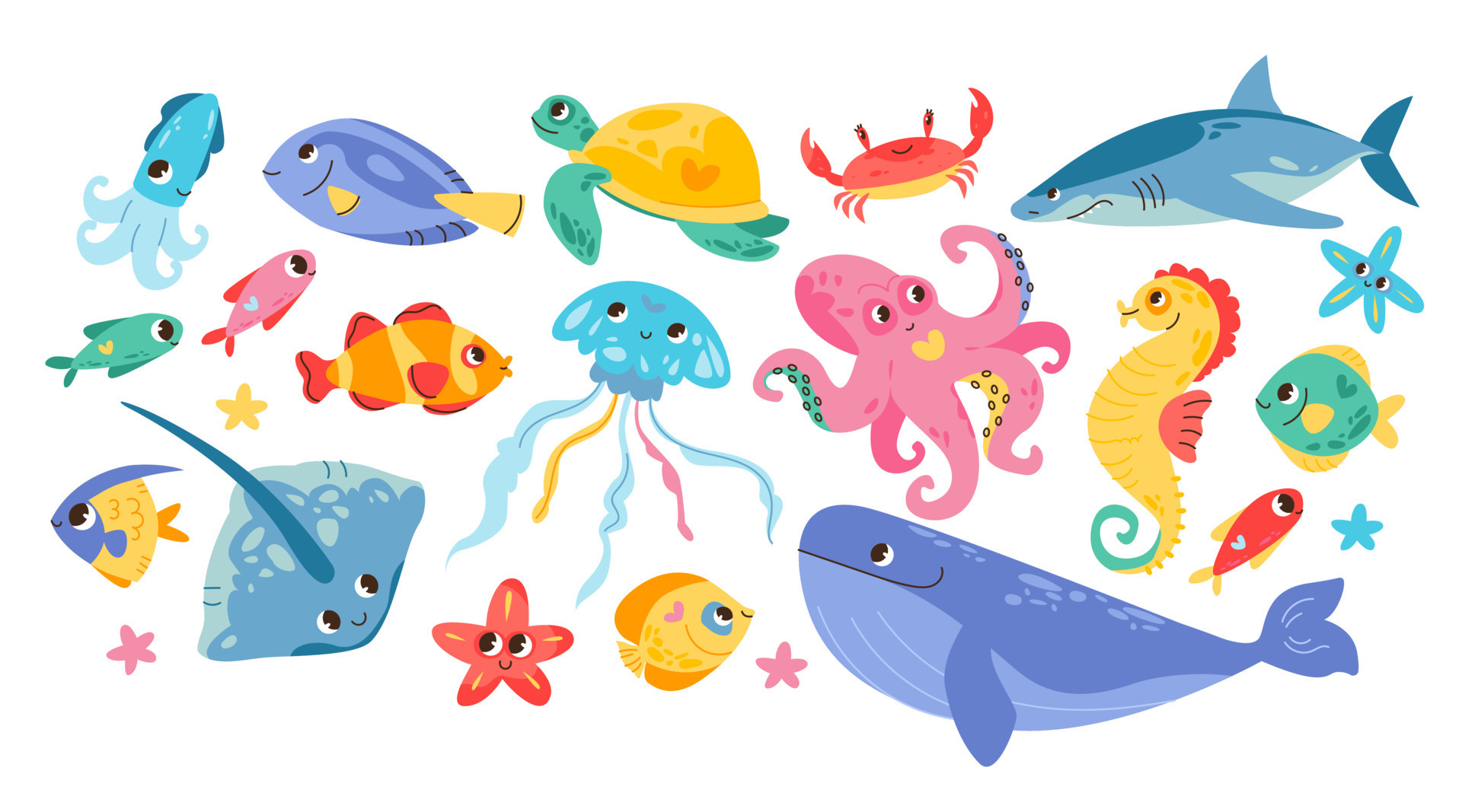 Free Vector  Cute bright fish game cartoon character set vector  illustration of underwater sea or aquarium creatures marine and ocean  tropical animals with smiling faces aquatic saltwater colorful critters