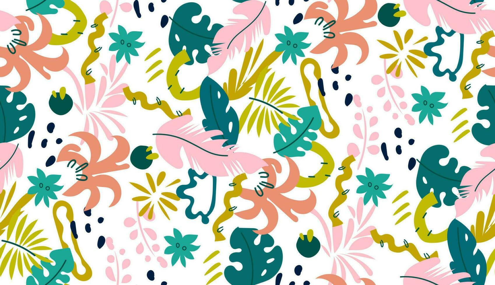 Abstract Jungle seamless pattern. A variety of tropical leaves. Flat vector illustration. Great for fabric, textile, wrapping paper, wallpaper.