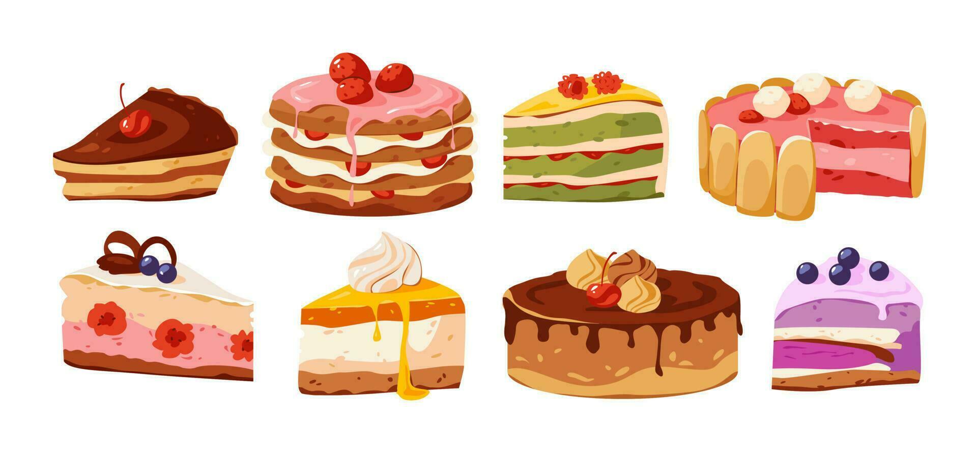 Delicious cakes and pastries set. Pieces of cake with different fillings. Tasty birthday food. Cartoon vector illustration.