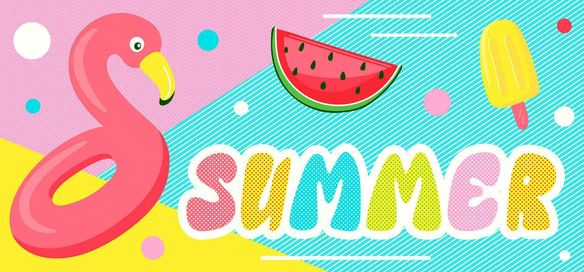 Colorful summer banner design with cute lettering, slice watermelon and flamingo. Horizontal template for poster, greeting card, header for website. vector