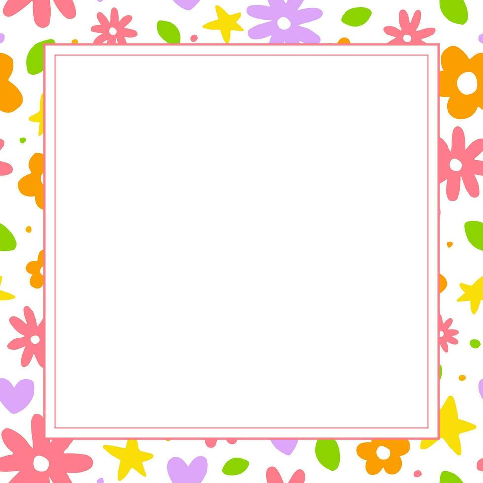 Cute Confetti Daisy Flower Heart Star Leaf Sprinkle Sparkle Flower Ditsy Shine Dot Doodle Handdrawn Colorful Square Card Border Frame Template Banner Copy Space for Spring Summer Party Celebration vector