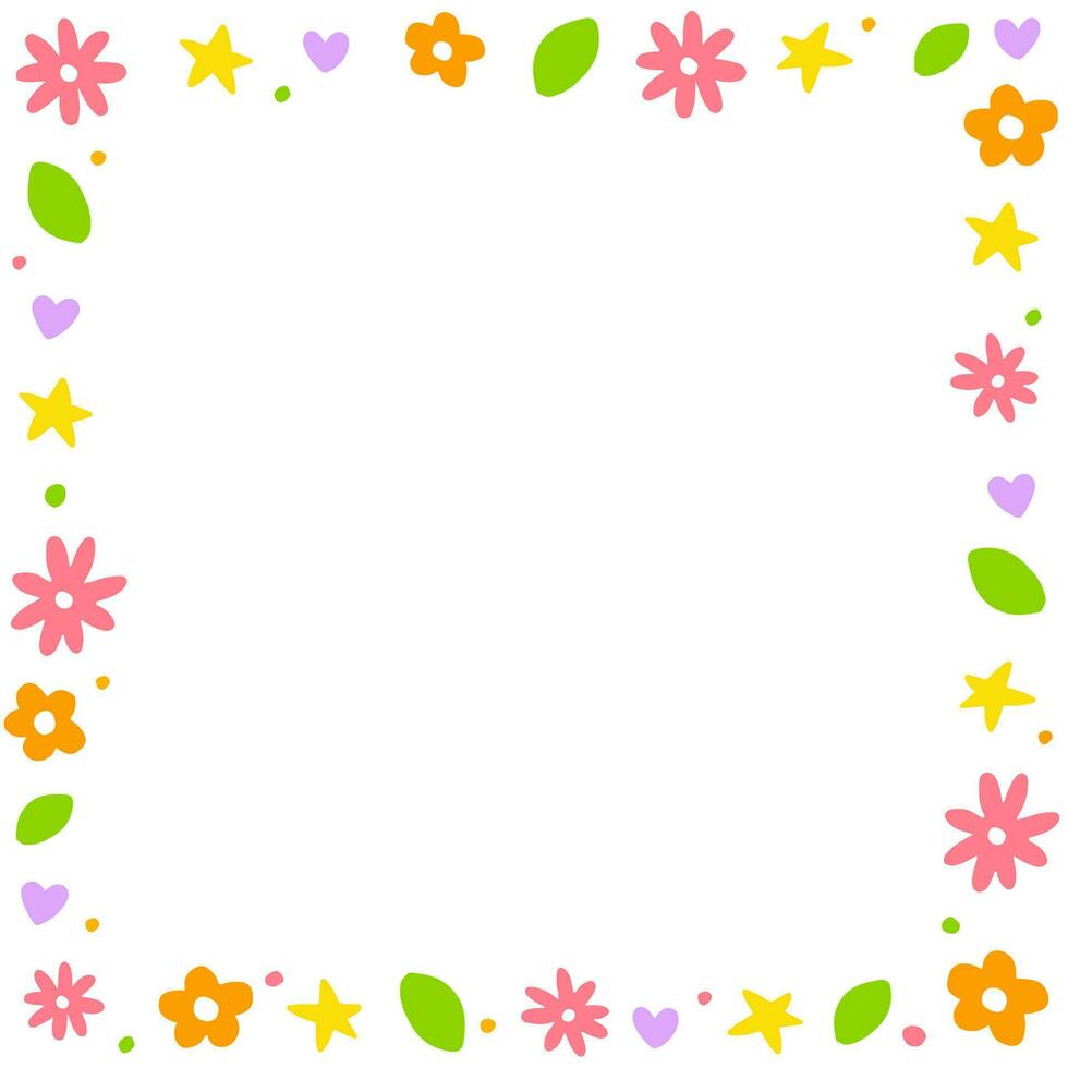 Cute Confetti Daisy Flower Heart Star Leaf Sprinkle Sparkle Flower Ditsy Shine Dot Doodle Handdrawn Colorful Square Card Border Frame Template Banner Copy Space for Spring Summer Party Celebration vector