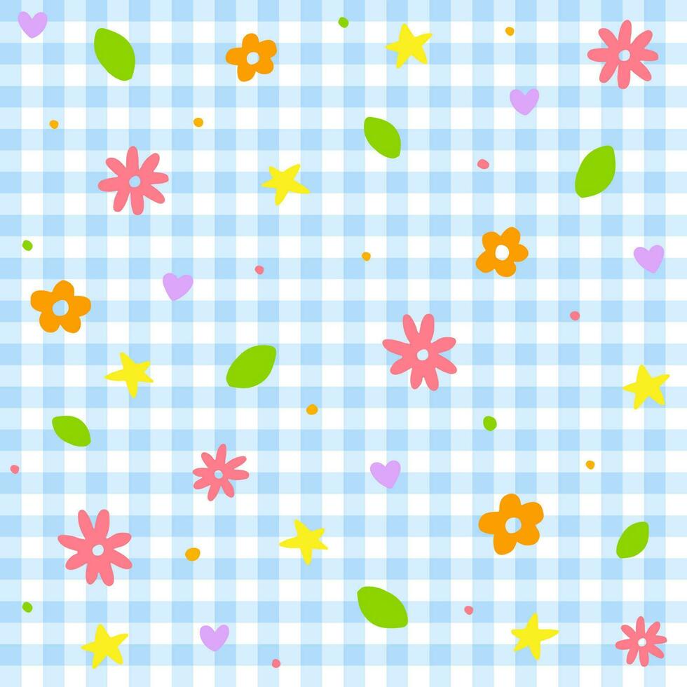 linda garabatear flor floral ditsy hoja estrella mini corazón papel picado espolvorear brillar brillar punto color vistoso pastel azul guingán Scott a cuadros tartán tartán sin costura modelo primavera verano antecedentes vector