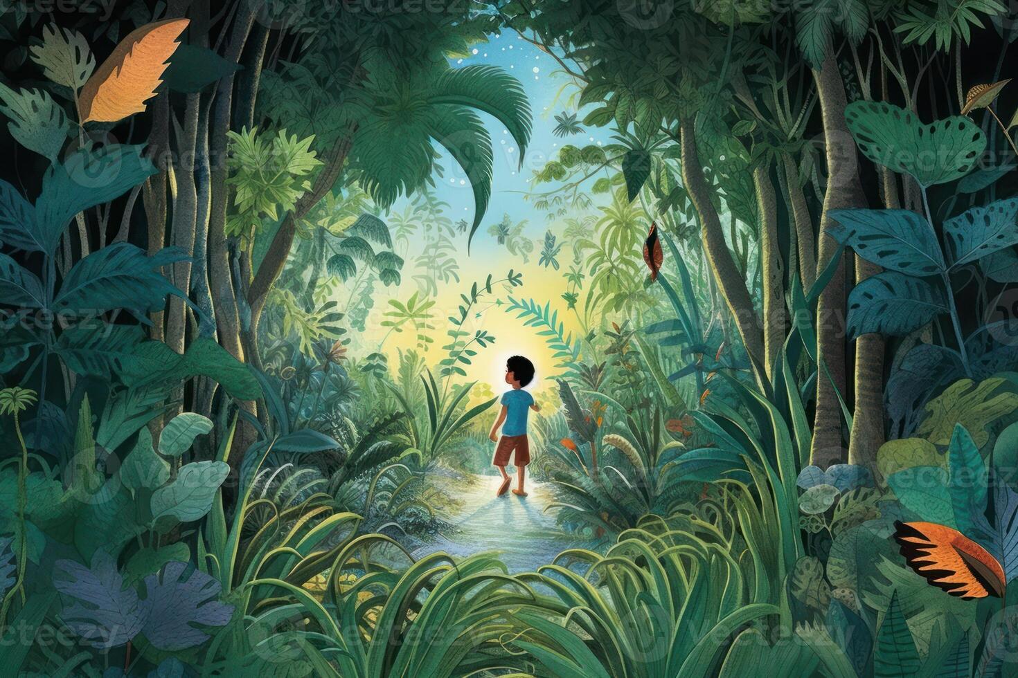 childrens story book page of boy adventures into a lush forest background photo
