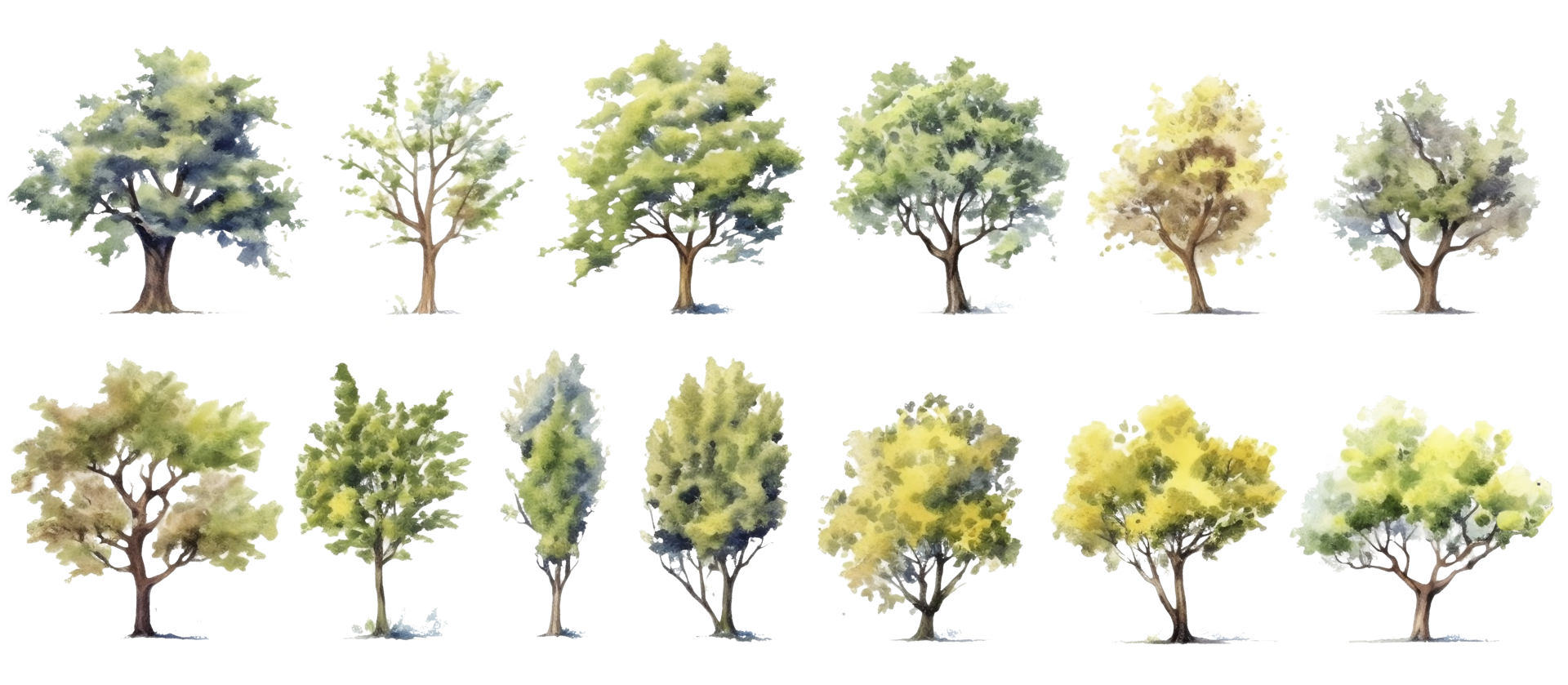 ein Sammlung von transparent Aquarell Bäume. generativ ai png