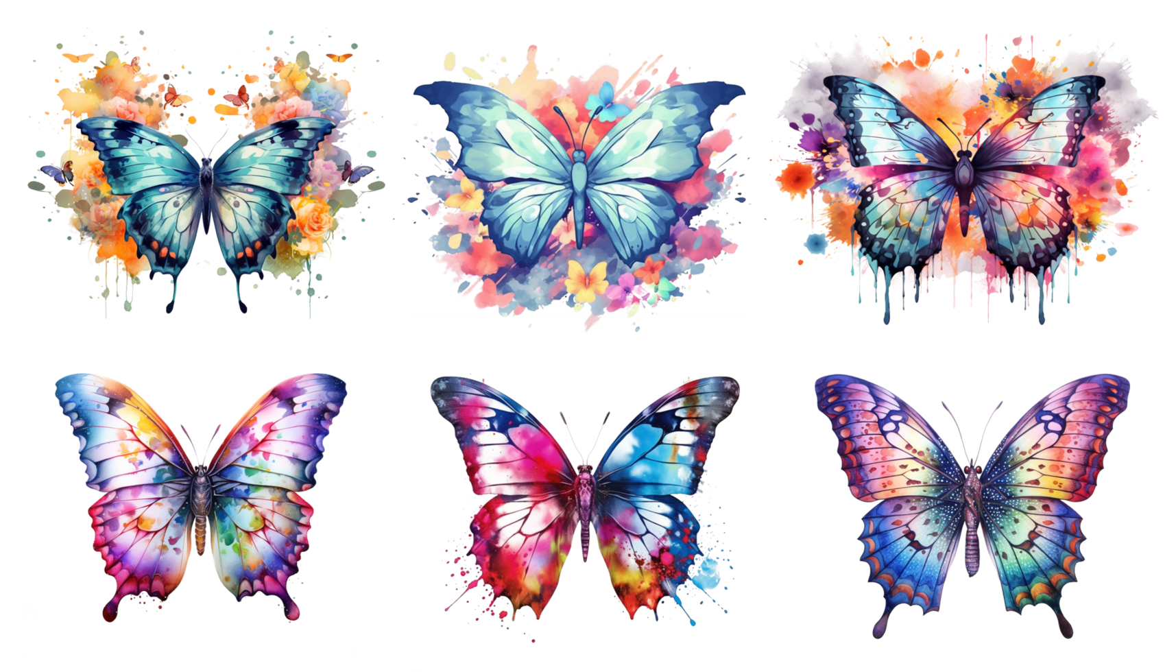 Watercolor colorful butterflies, isolated on transparent background, Set of watercolor illustrations. png