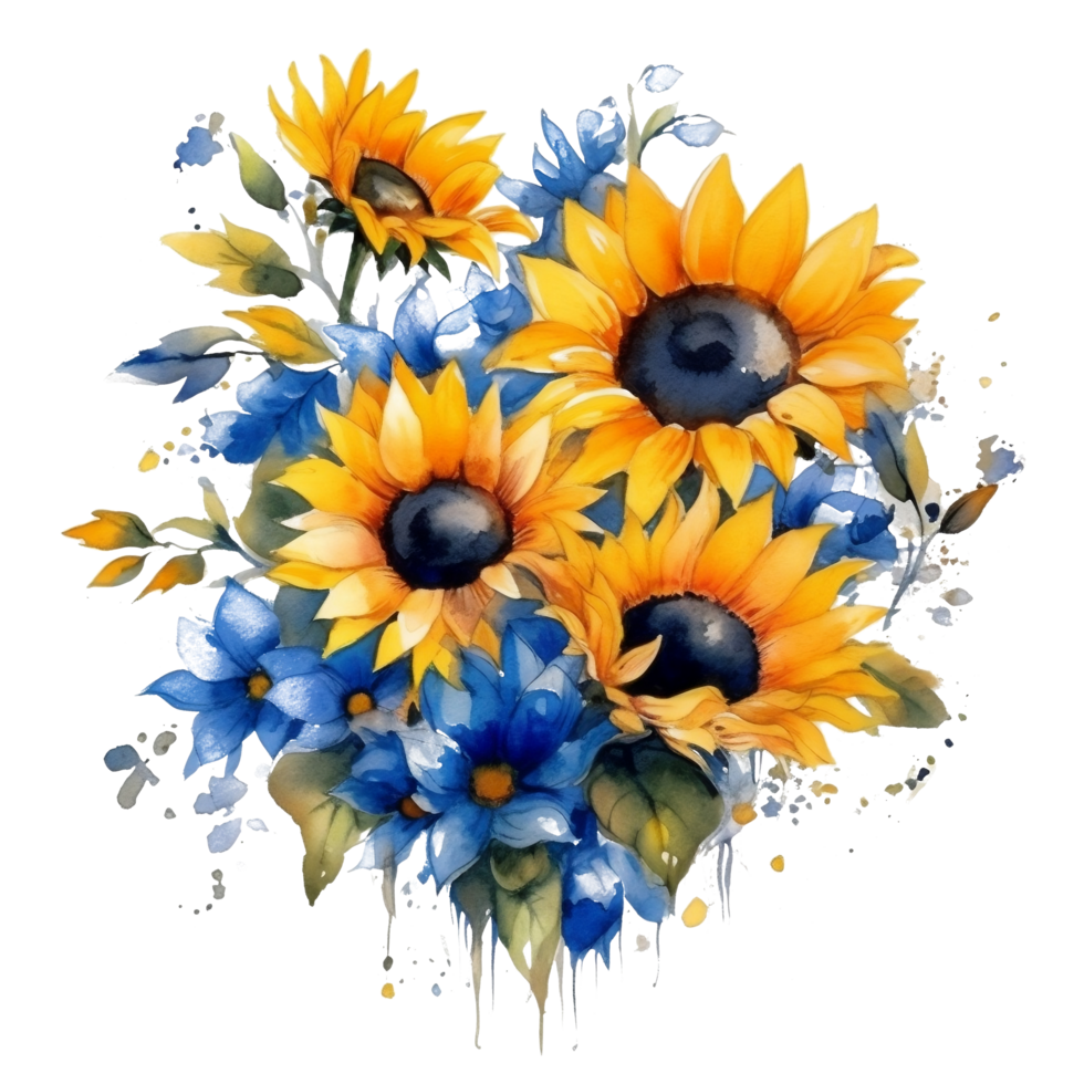 Sunflower and eucalyptus leaves bouquet. Watercolor floral for decoration, fabric, greeting, cards. png