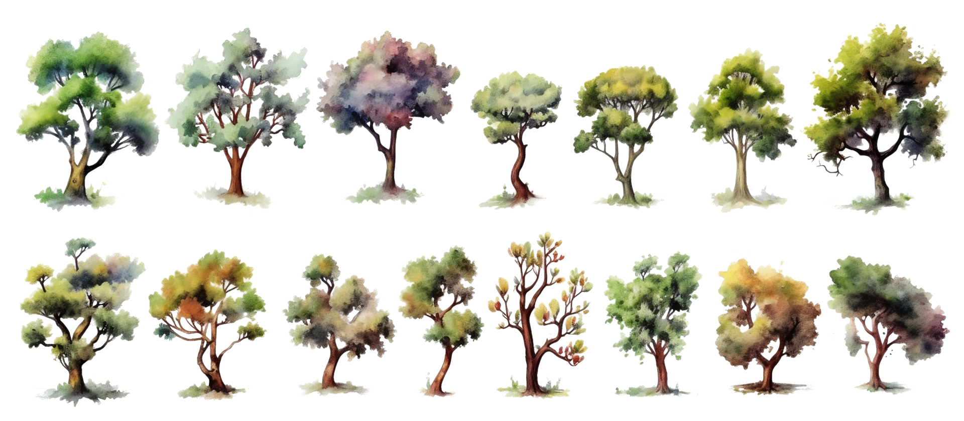 A Collection of Transparent Watercolor Trees. png