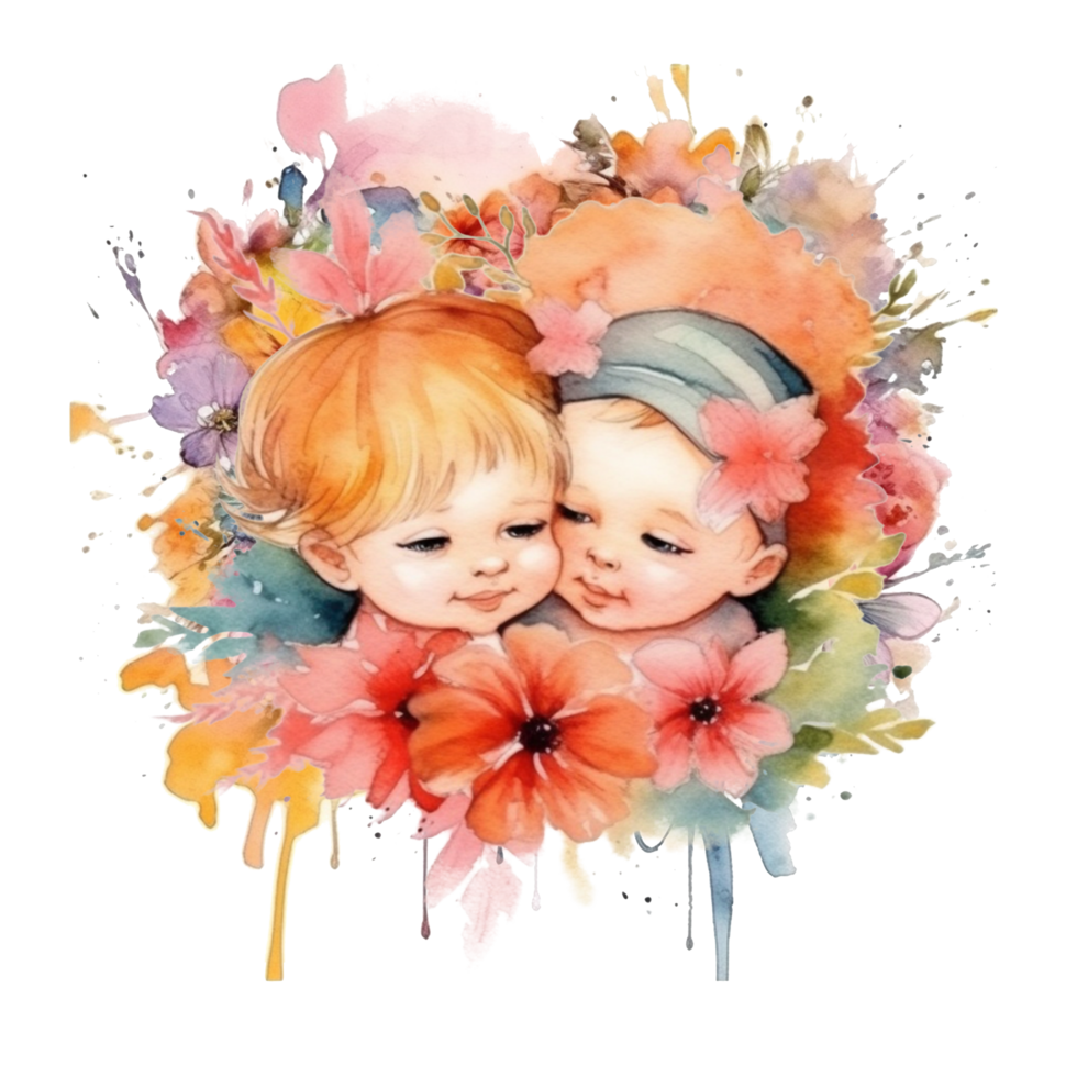 Colorful Watercolor sublimation Twin Baby with flowers Bouquet for t shirt design. png