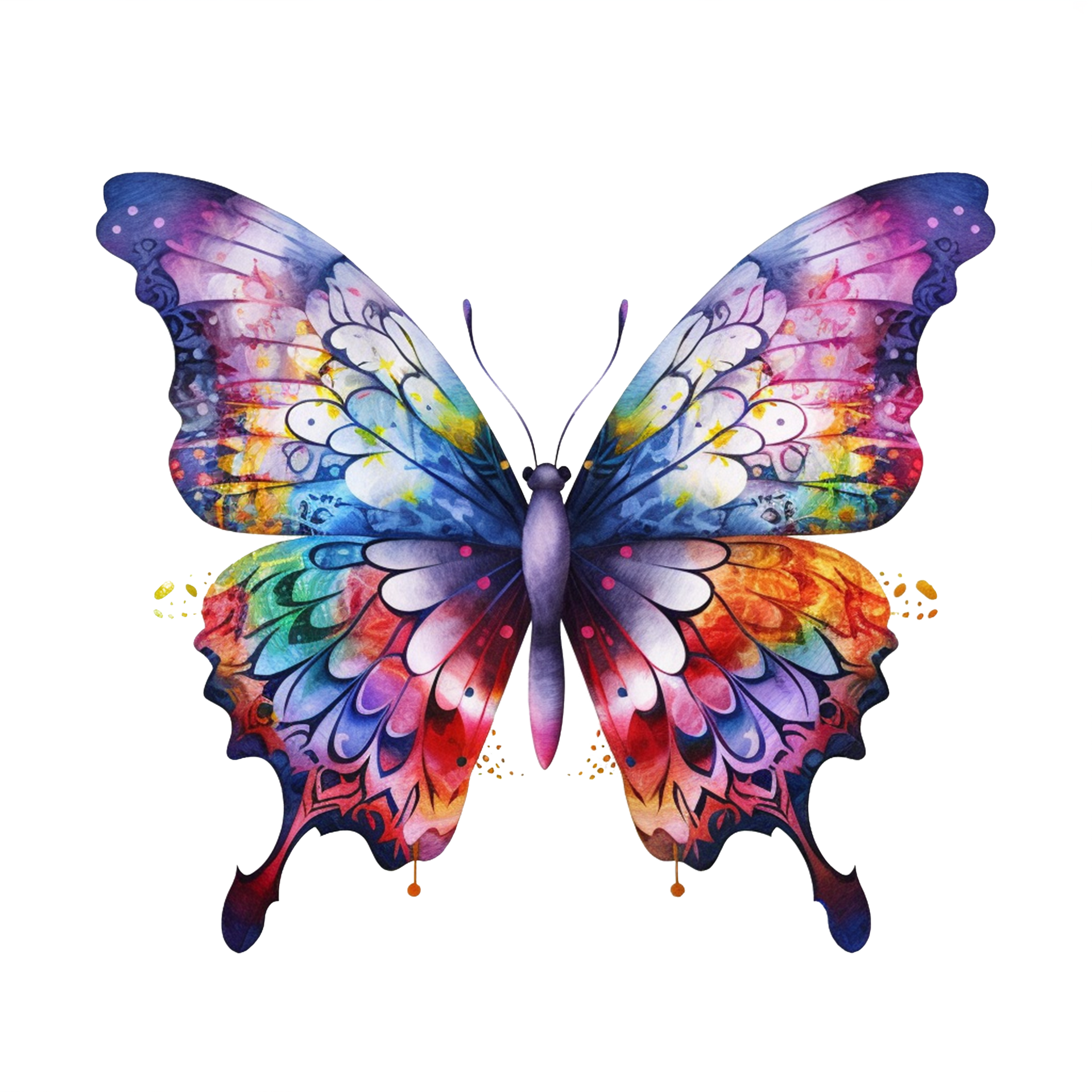 Watercolor colorful butterflies, isolated on transparent