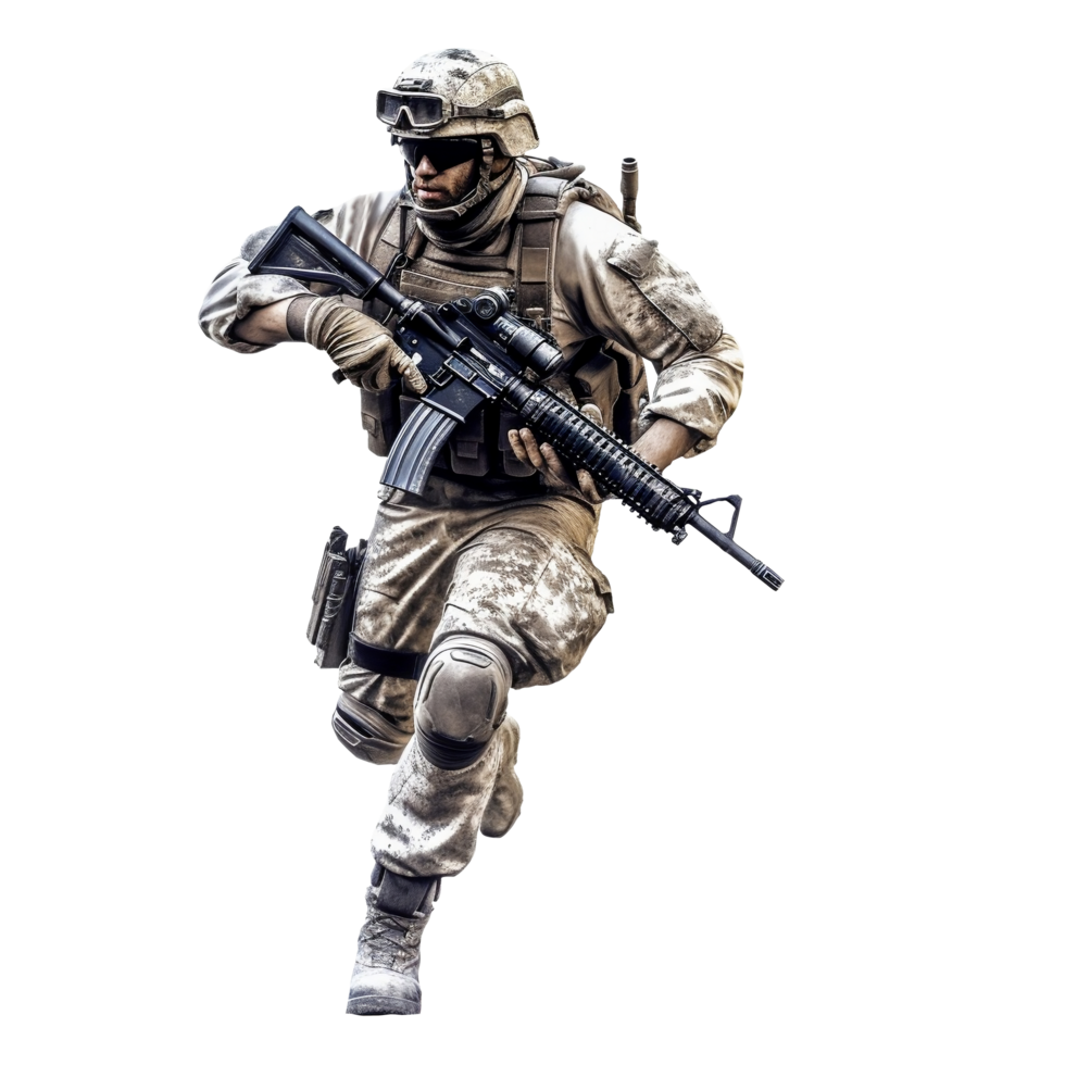 transparent soldat dans combat engrenage, agression fusil prêt, avec assiette transporteur et combat casque. dynamique studio tir, engageant attaque mode. génératif ai png