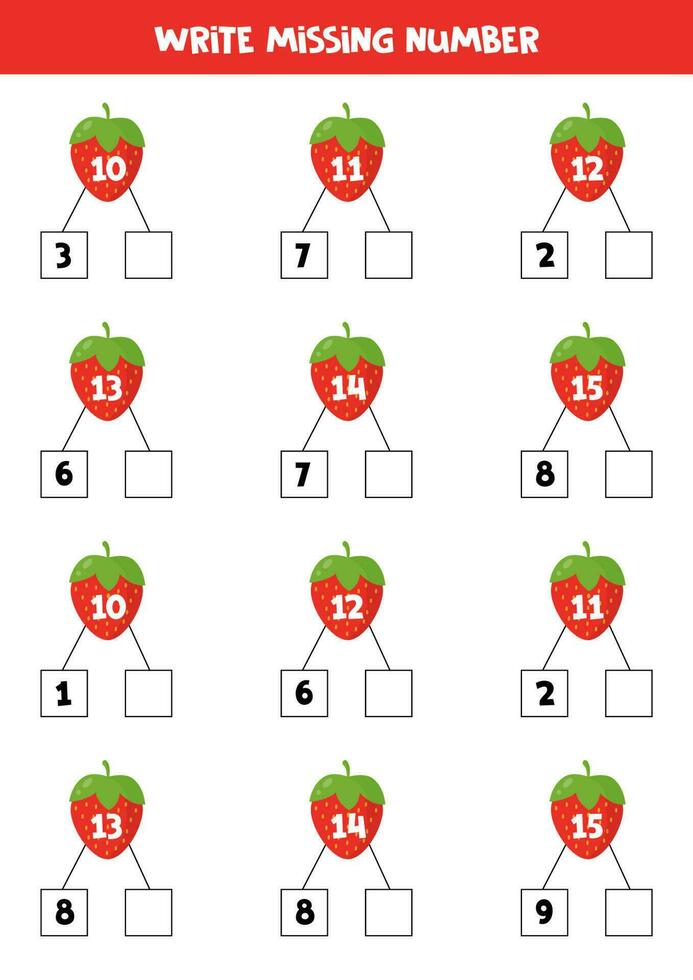 Number bonds with cute cartoon strawberry for kids. vector