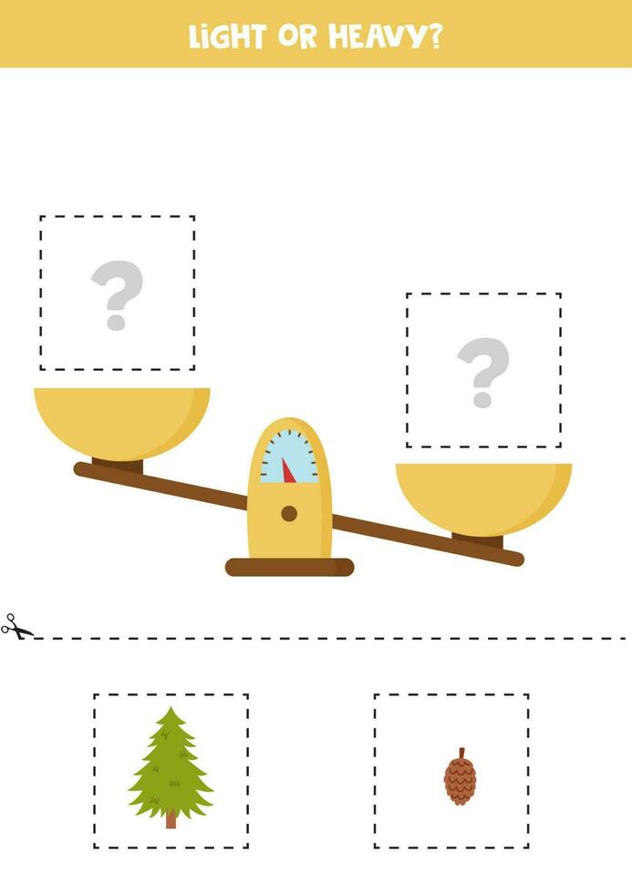 Light, heavy or equal. Cut pictures below and glue to the right box. vector
