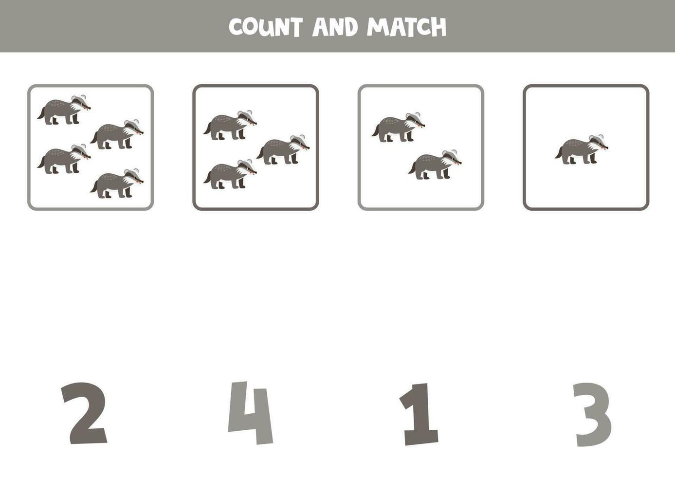 Counting game for kids. Count all badgers and match with numbers. Worksheet for children. vector