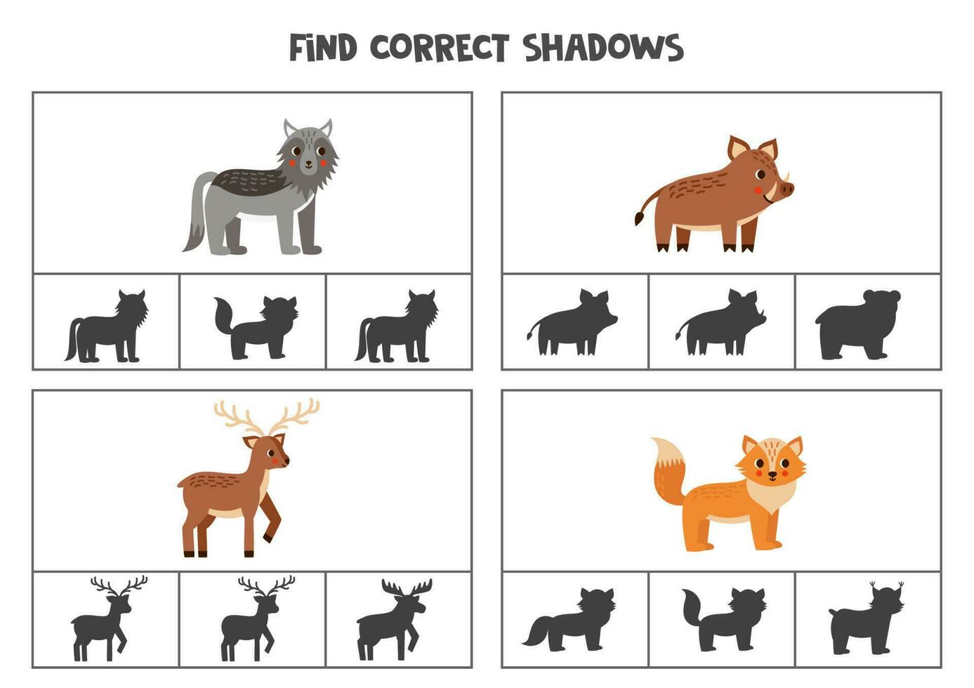 Find correct shadow of cute woodland animals. Printable clip card games for children. vector