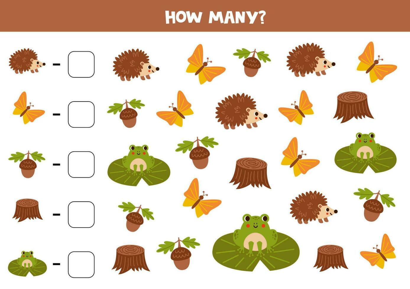 Counting game with cartoon woodland fauna. Math worksheet. vector