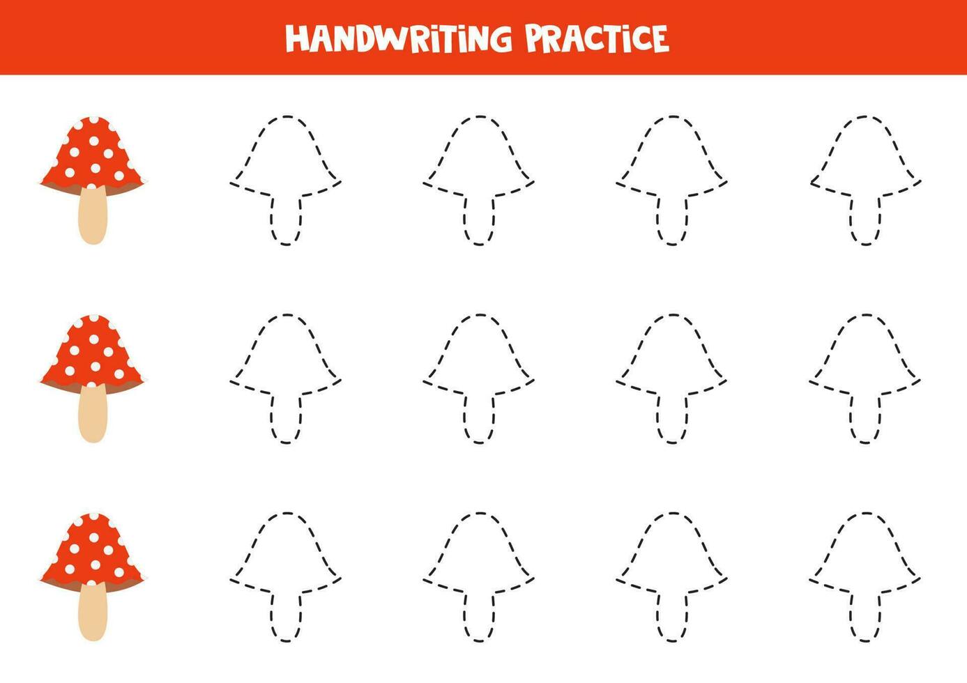 Tracing lines for kids. Cartoon fly agaric. Writing practice. vector