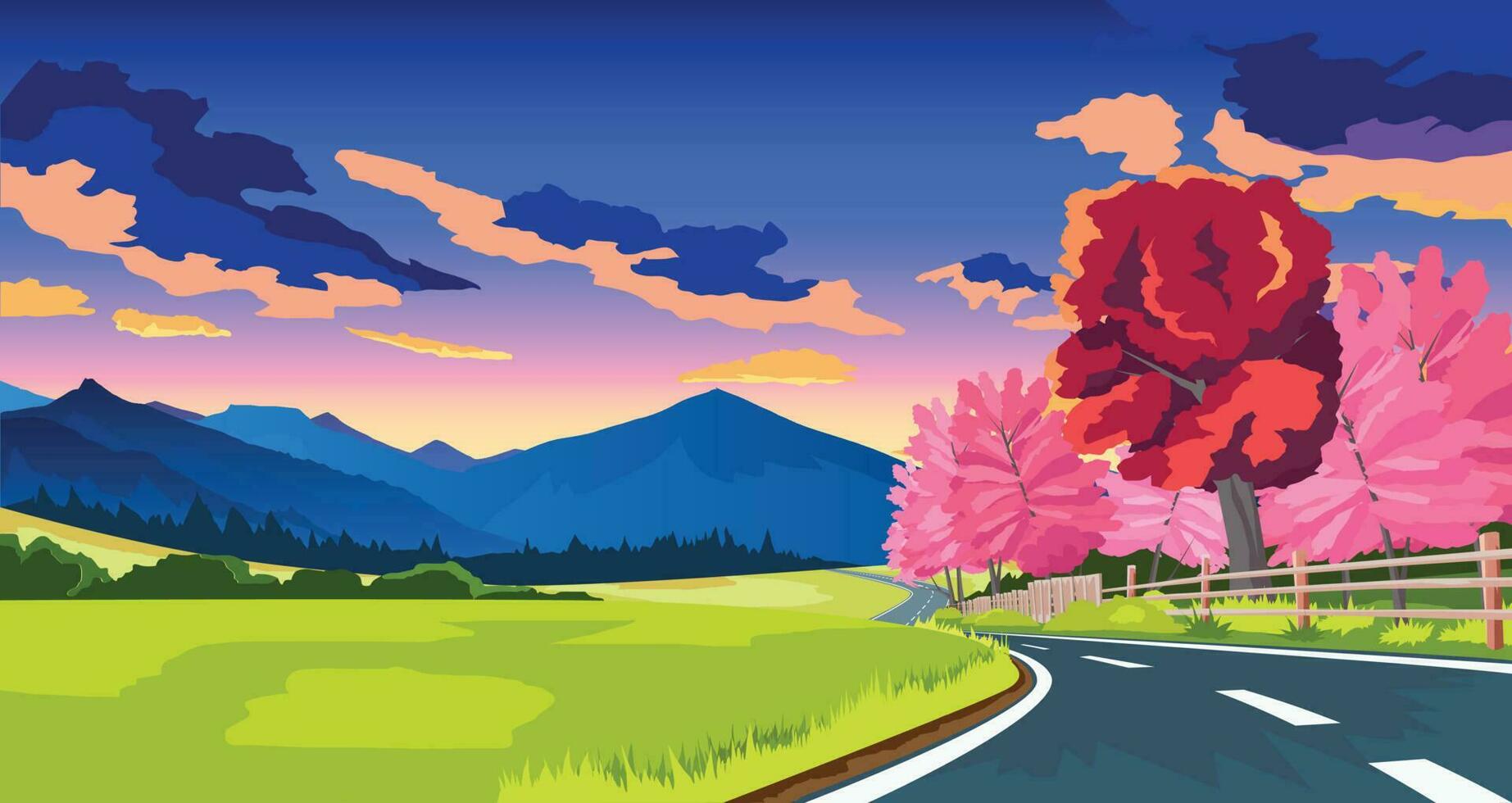 Copy Space Flat Vector Illustration. of curved asphalt road path and environment of wide open fields of spring. Colorful trees along the way and there is a wooden fence. Mountain under evening sky.