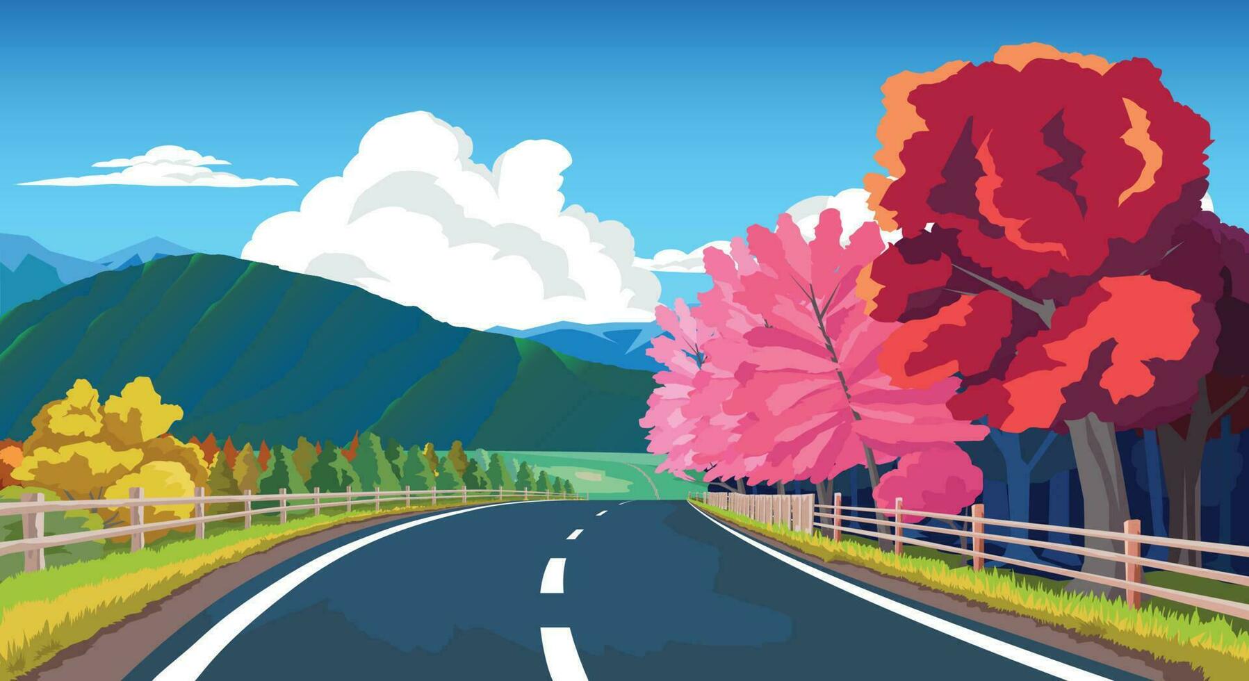 Copy Space Flat Vector Illustration. of curved asphalt road path and environment of wide open fields of spring. Colorful trees along the way and there is a wooden fence. Big mountain under blue sky.