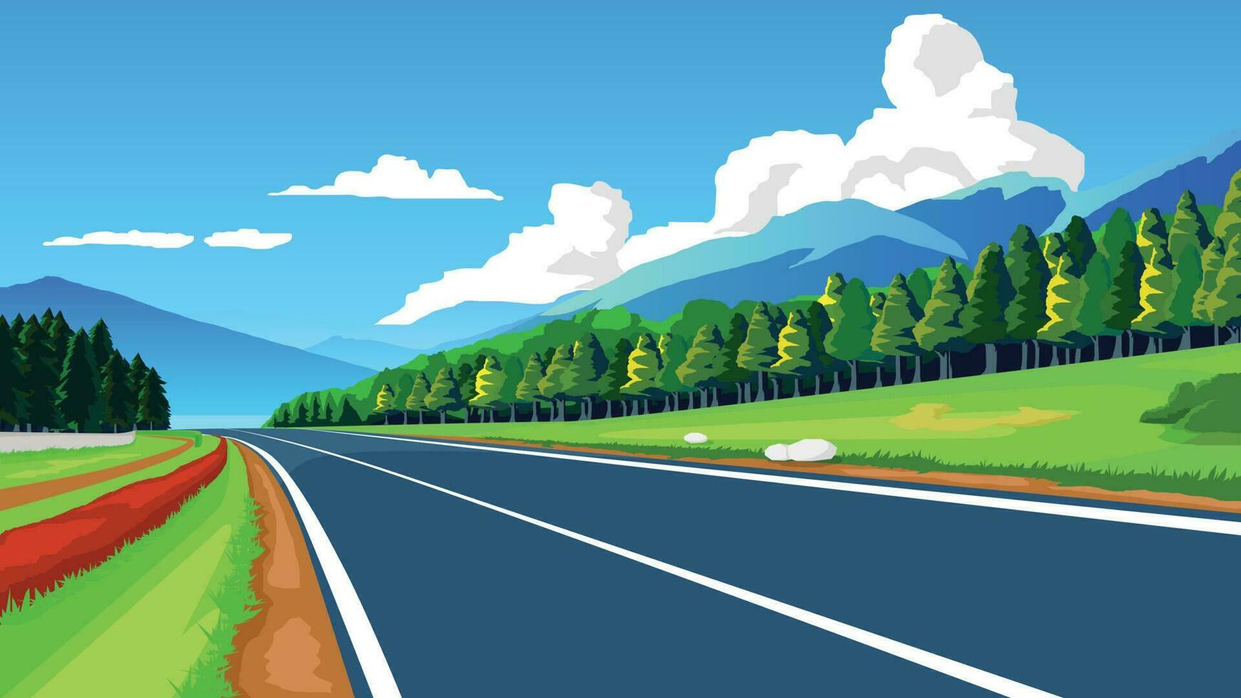 Copiar espacio plano vector ilustración. de directo asfalto la carretera camino y ambiente de amplio abierto campos de verde césped. lado la carretera con flor y verde bosque. montaña y azul cielo para antecedentes.