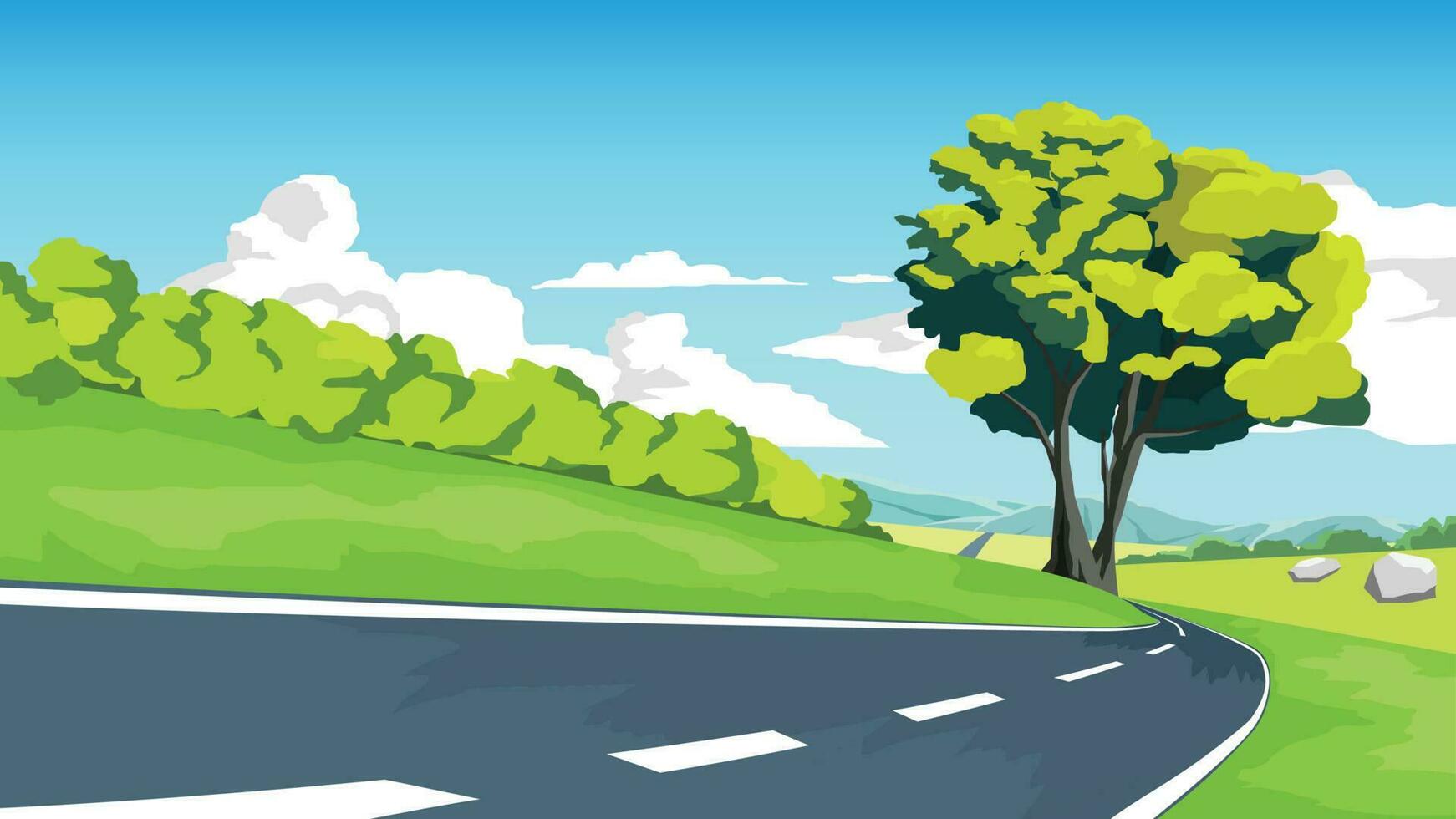 Copy Space Flat Vector Illustration. of curved asphalt road path and environment of wide open fields of green grass. Big tree at the bend. Meadow and mountain under blue sky and white clouds.