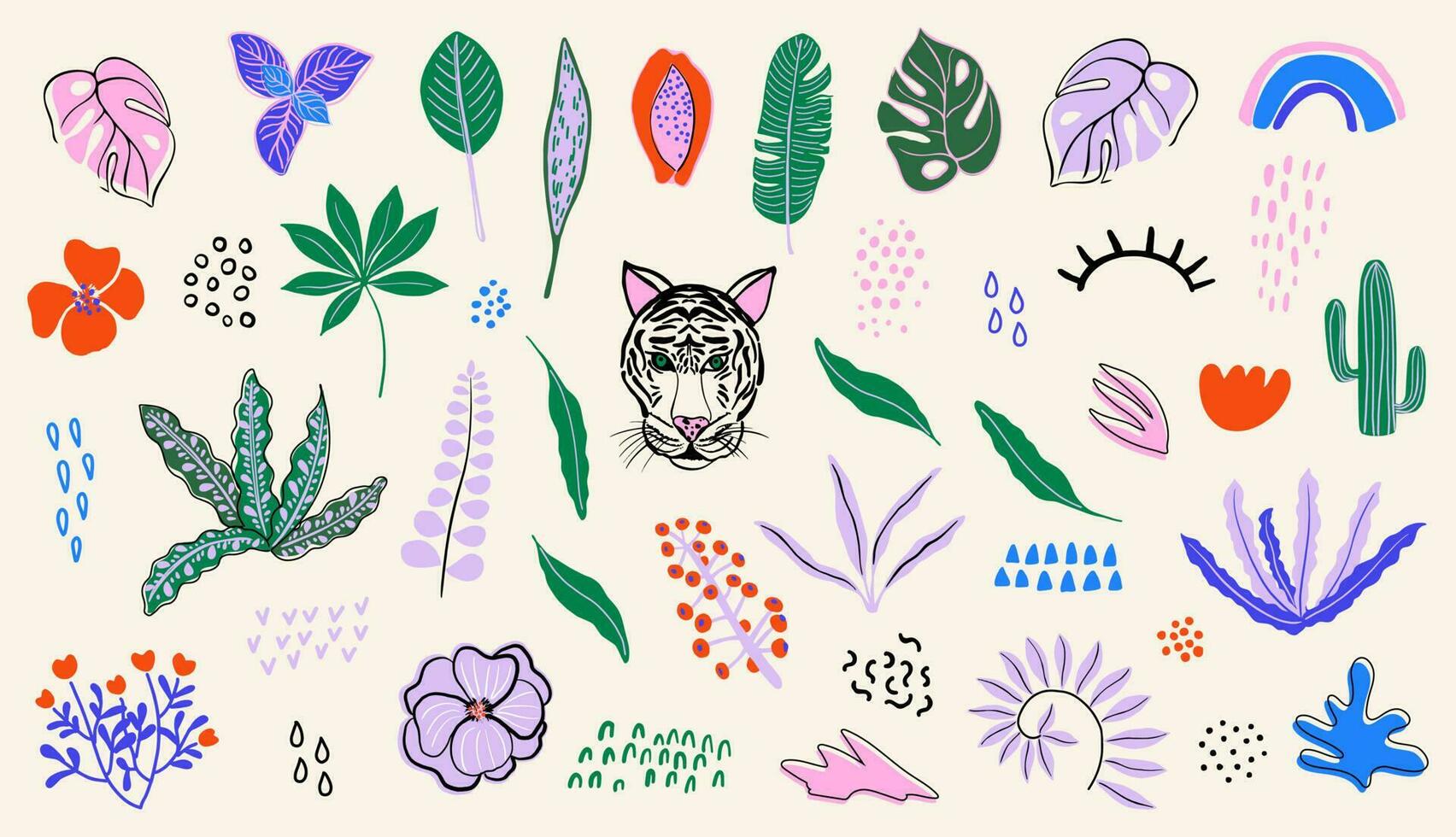 Abstract modern plants and shapes set. Tropical flowers and leaves, cute textures. Botanical elements. Flat style hand drawn vector illustrations.