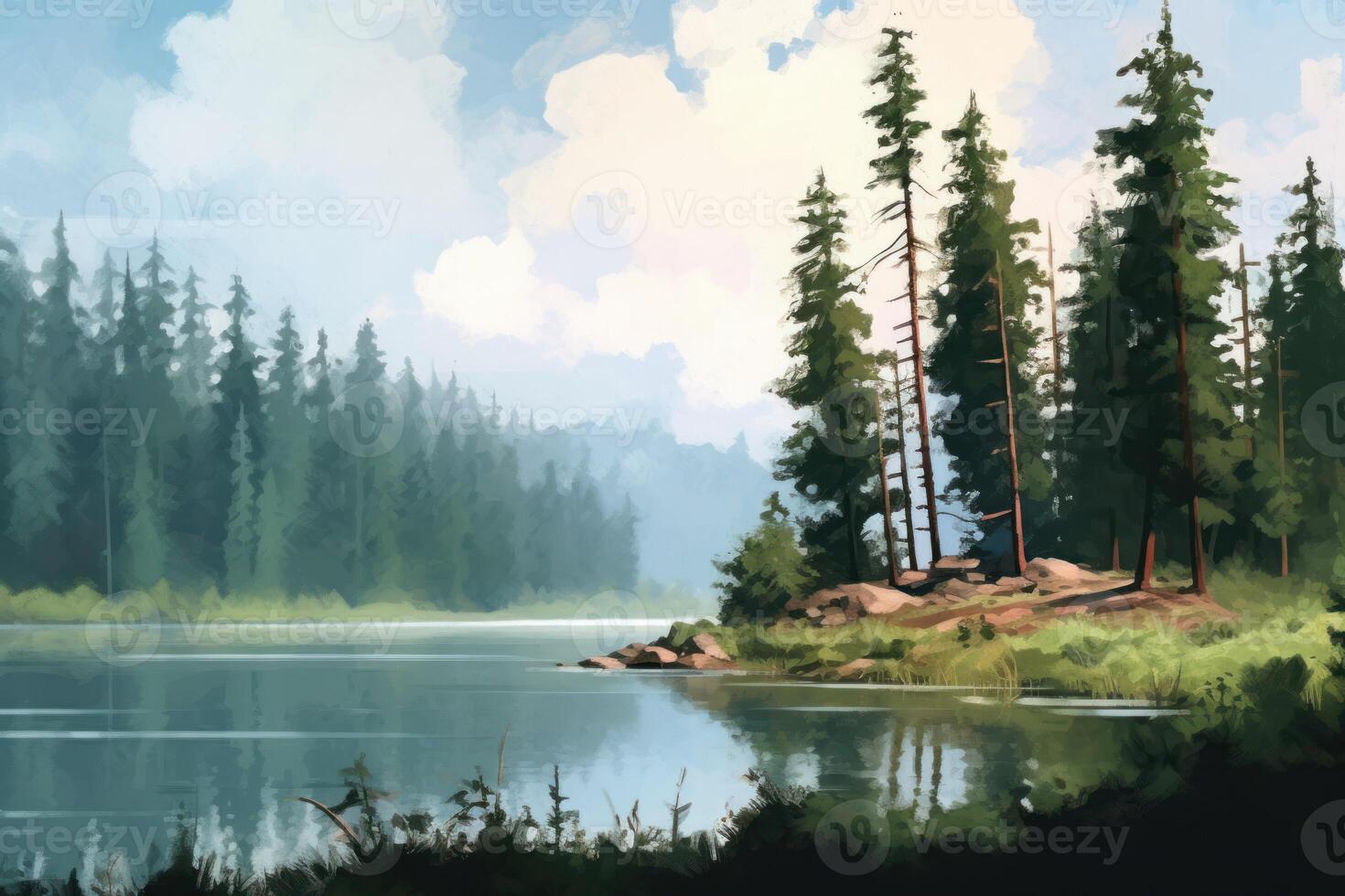 lake view with forest and river background photo
