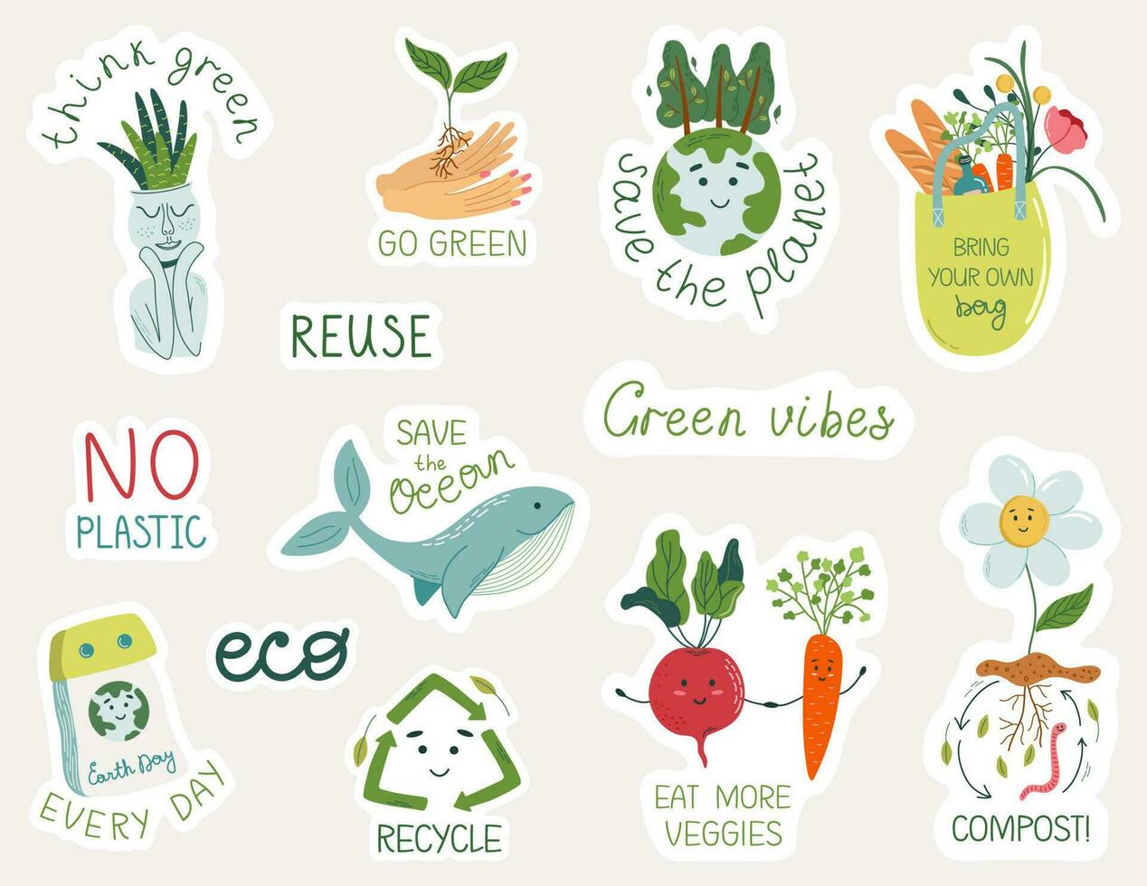 Eco sticker set. Environmental conservation concept. Motivational text and ecological symbols. Cute kawaii design element bundle. Vector illustrations.