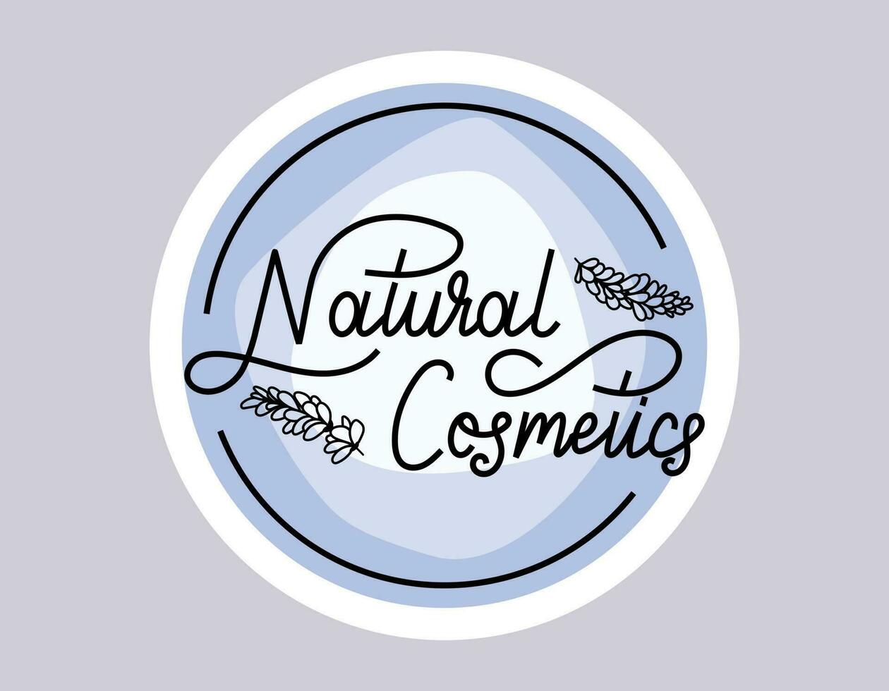 Handwritten lettering Natural cosmetics, lavender or lilac branch with petals. Vector isolated round blue sticker or label for packaging.