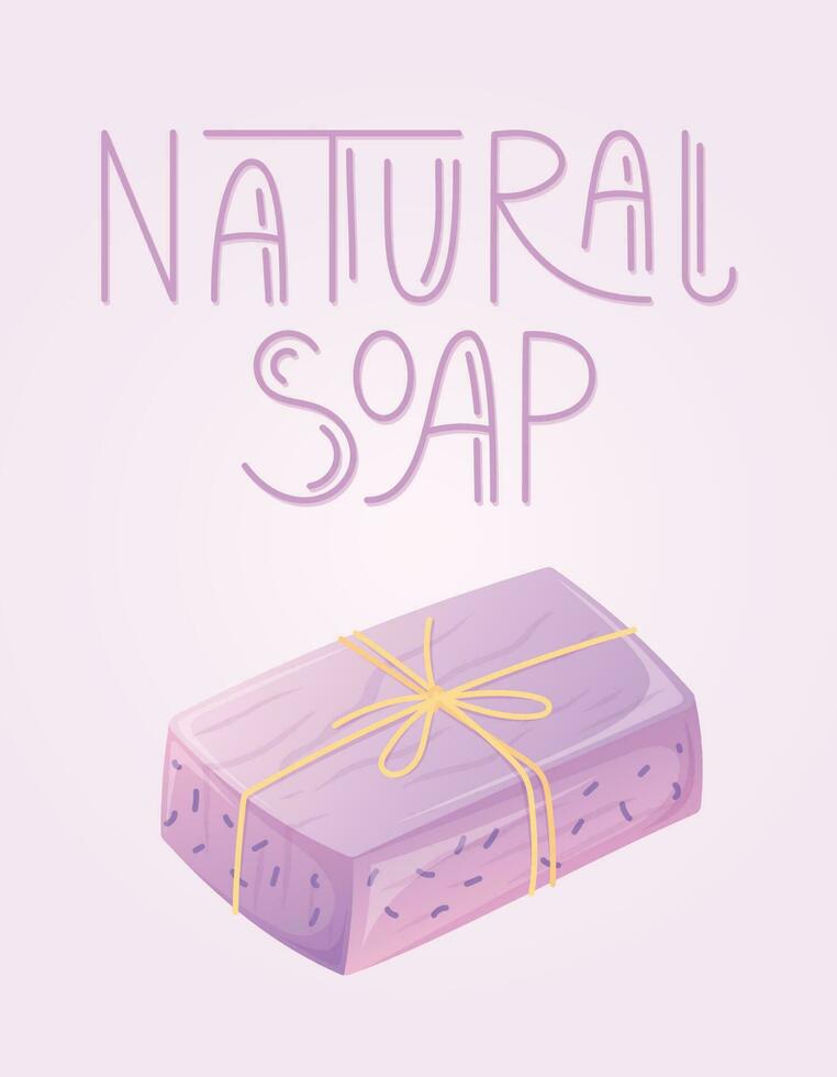 Bar of pink organic soap tied with string and lettering Natural soap. Vector cartoon banner for packaging or postcard.