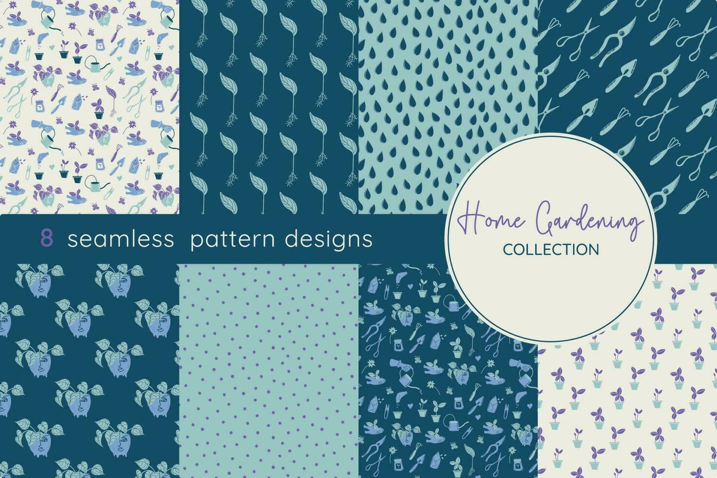 Set of gardening seamless patterns. Vector illustrations of garden elements. Cute minimalistic retro backgrounds.