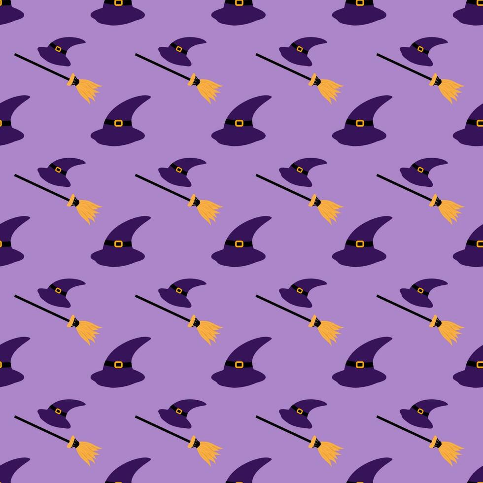 Pattern seamless Witch hat and broom Halloween vector