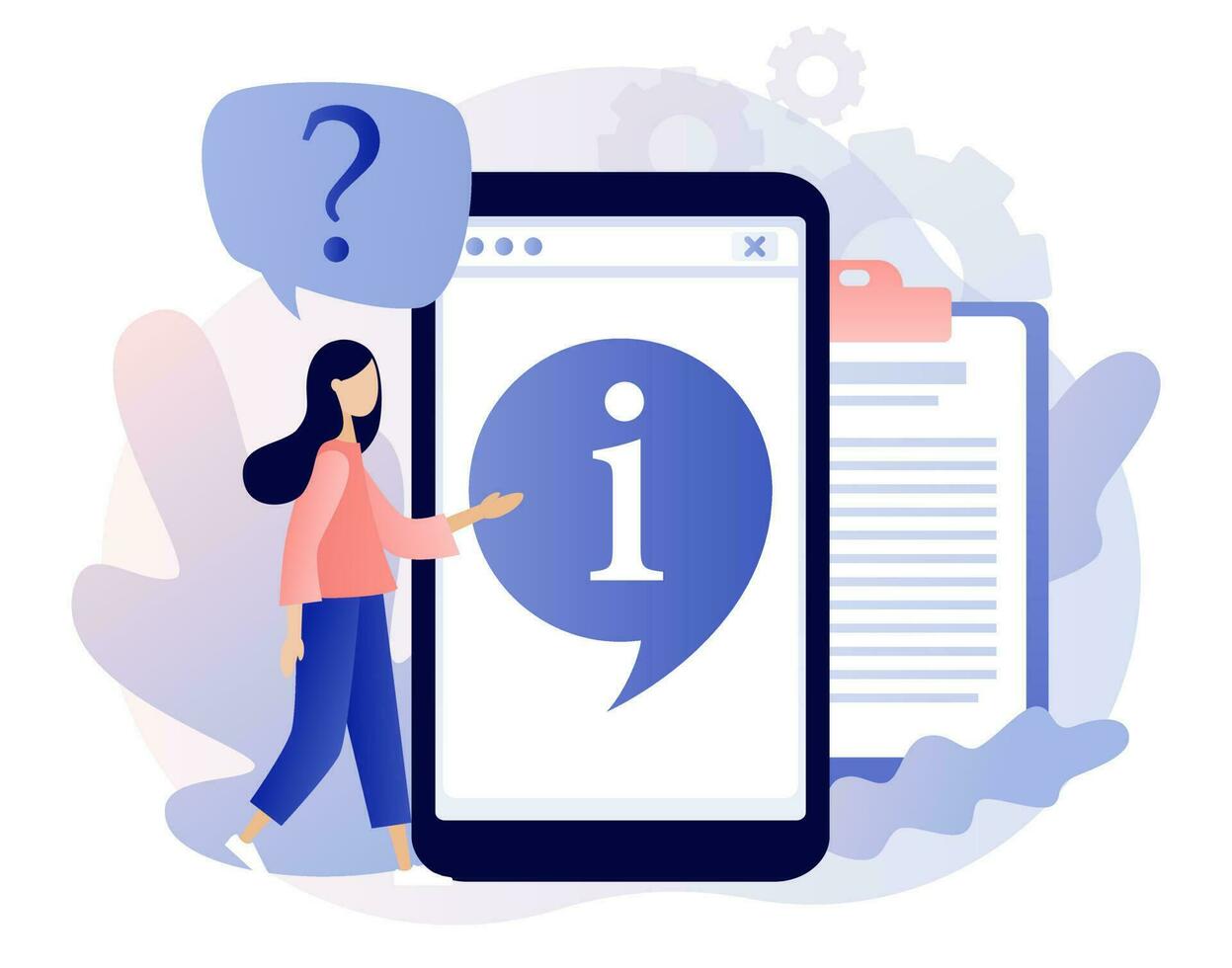 informacion símbolo en teléfono inteligente aplicación información centrar en línea. cliente apoyo, útil información, guías, frecuentemente preguntó preguntas. moderno plano dibujos animados estilo. vector ilustración en blanco antecedentes