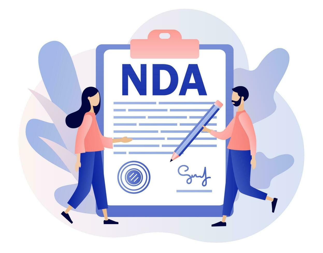 NDA contract. Non disclosure agreement. Tiny man sign confidentiality agreement document. Corporate secret protection. Modern flat cartoon style. Vector illustration on white background