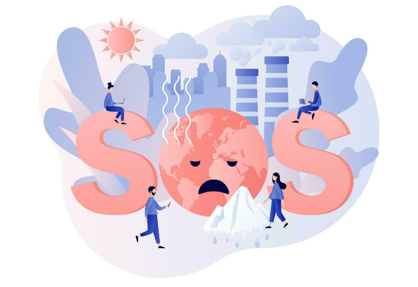 Climate change. SOS - big text. Global warming concept. Tiny people trying save planet Earth. World Environment day. Ecology hazards, air pollution. Modern flat cartoon style. Vector illustration